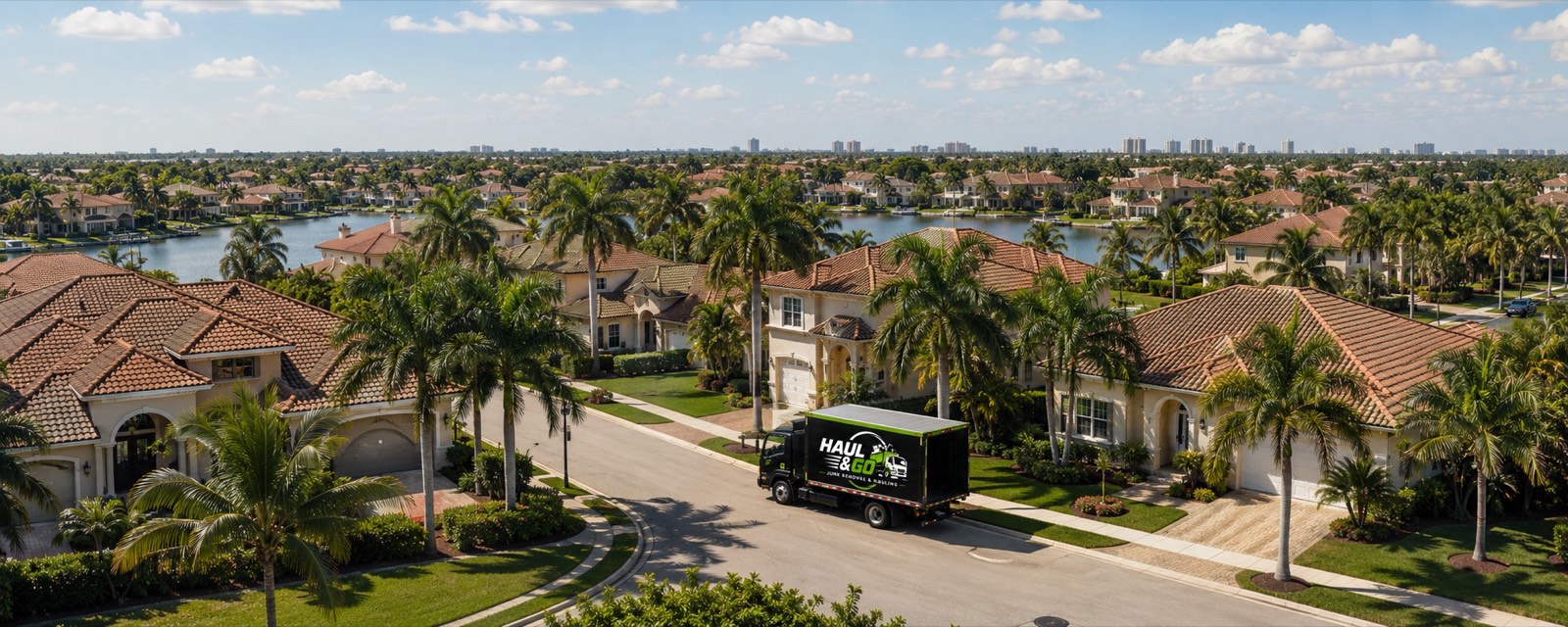 Aerial view of a palm-lined Broward County neighborhood with the Haul & Go junk removal truck parked at the curb