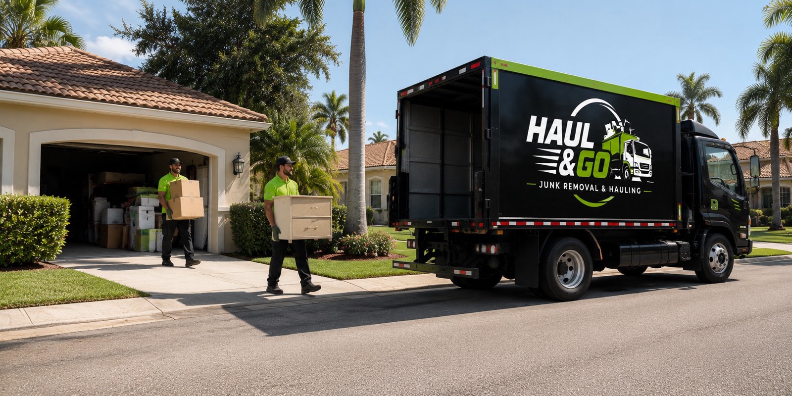 Haul & Go crew members in green shirts carrying boxes and a dresser from a cluttered garage to their branded junk removal truck