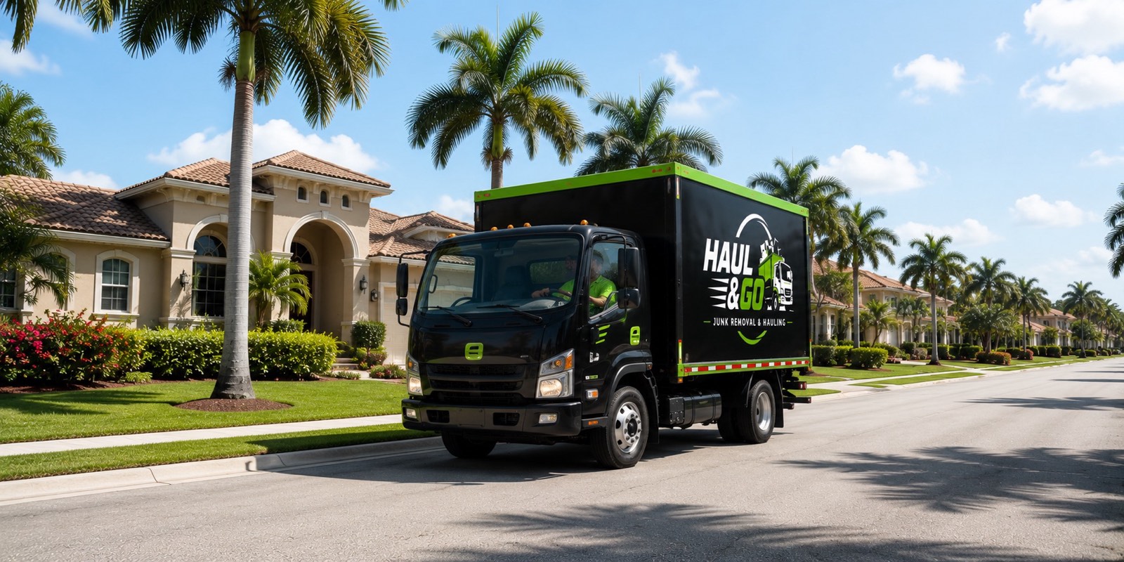 Black and lime-green Haul & Go box truck driving down a palm-lined Broward County residential street