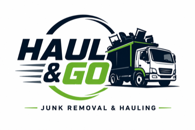 Haul & Go Junk Removal & Hauling logo — navy and green truck loaded with junk